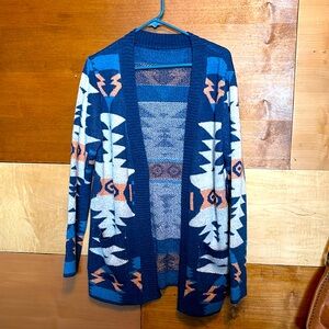 Size Med. Unisex sweater Native/Tribal print blue tan & salmon pockets